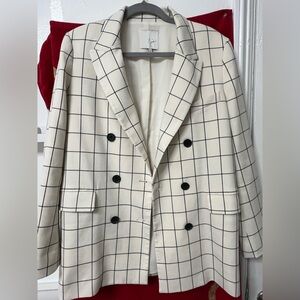 Joie Cream Windowpane Double-Breasted Blazer with Black Grid
